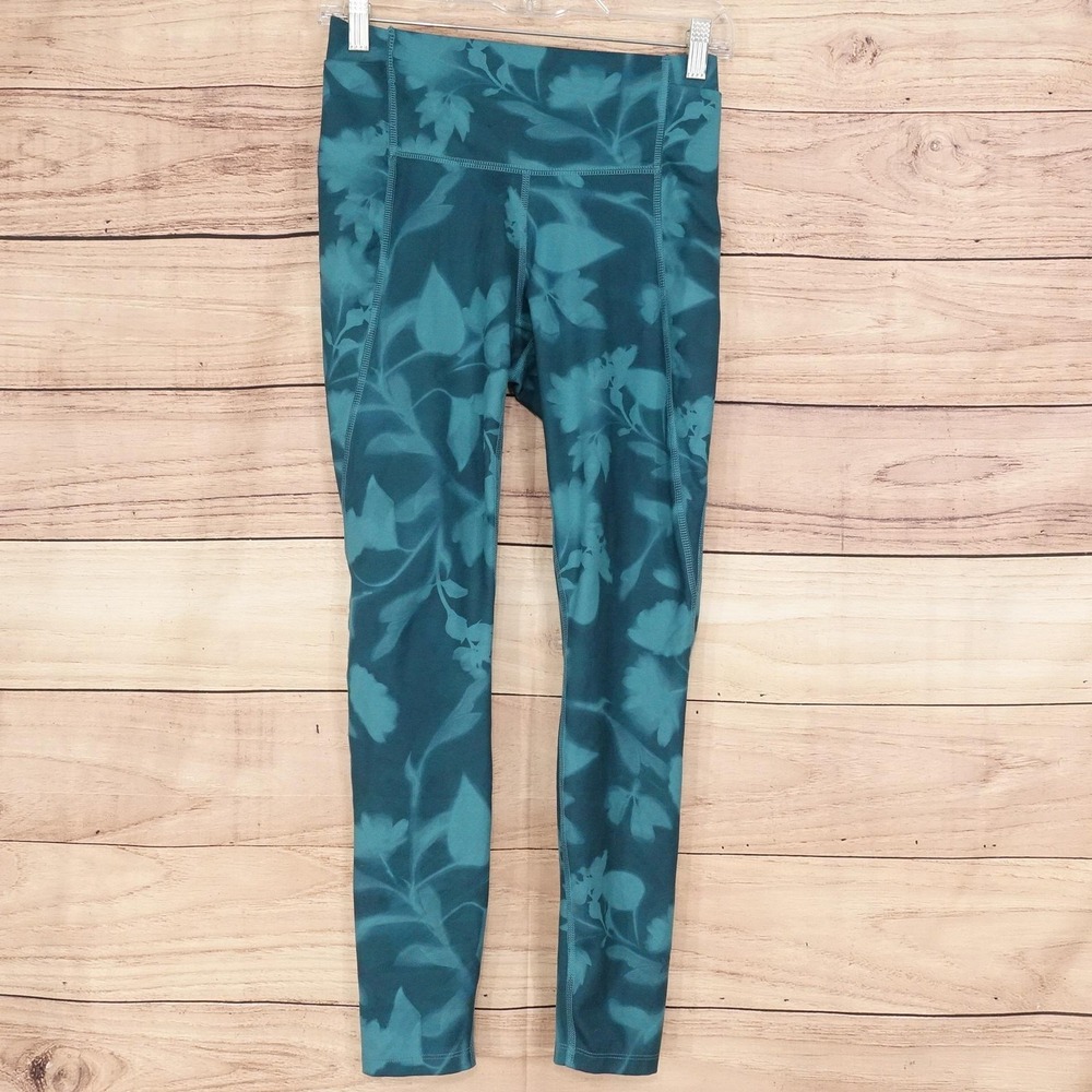 All In Motion Leggings Womens S Green Floral Ankle High Rise Knit Yoga Running